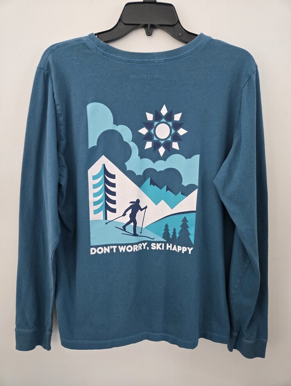 Life Is Good Crusher Tee Don’t Worry Ski Happy Long Sleeve Tee Shirt Teal. Size
